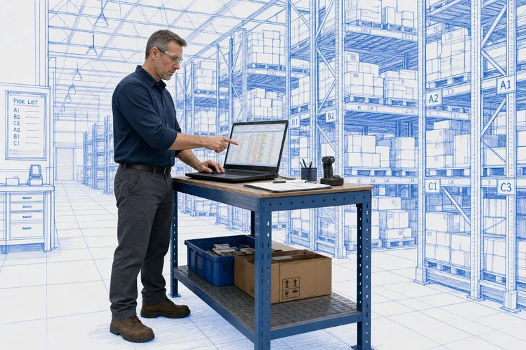 Warehouse manager reviewing an overwhelmed laptop spreadsheet in front of blueprint-style industrial shelving system