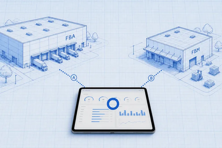 Blueprint system diagram showing an Amazon FBA fulfillment node and a merchant warehouse node linked by dotted data lines to a photoreal tablet displaying a unified inventory dashboard