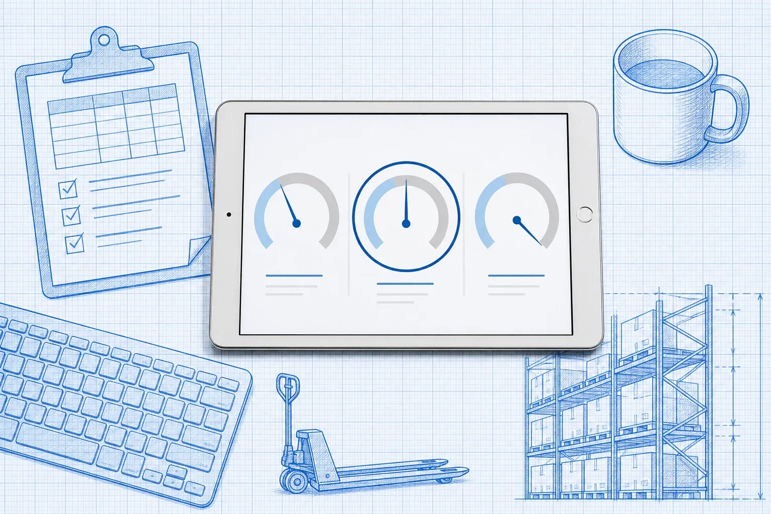 Photoreal tablet showing a warehouse inventory dashboard with FBA fulfillable, warehouse available, and aged-inventory gauges on a blueprint operations desk