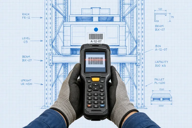 Photoreal handheld barcode scanner aimed at a bin location label on warehouse racking, surrounded by blueprint-style inventory annotations and callout lines