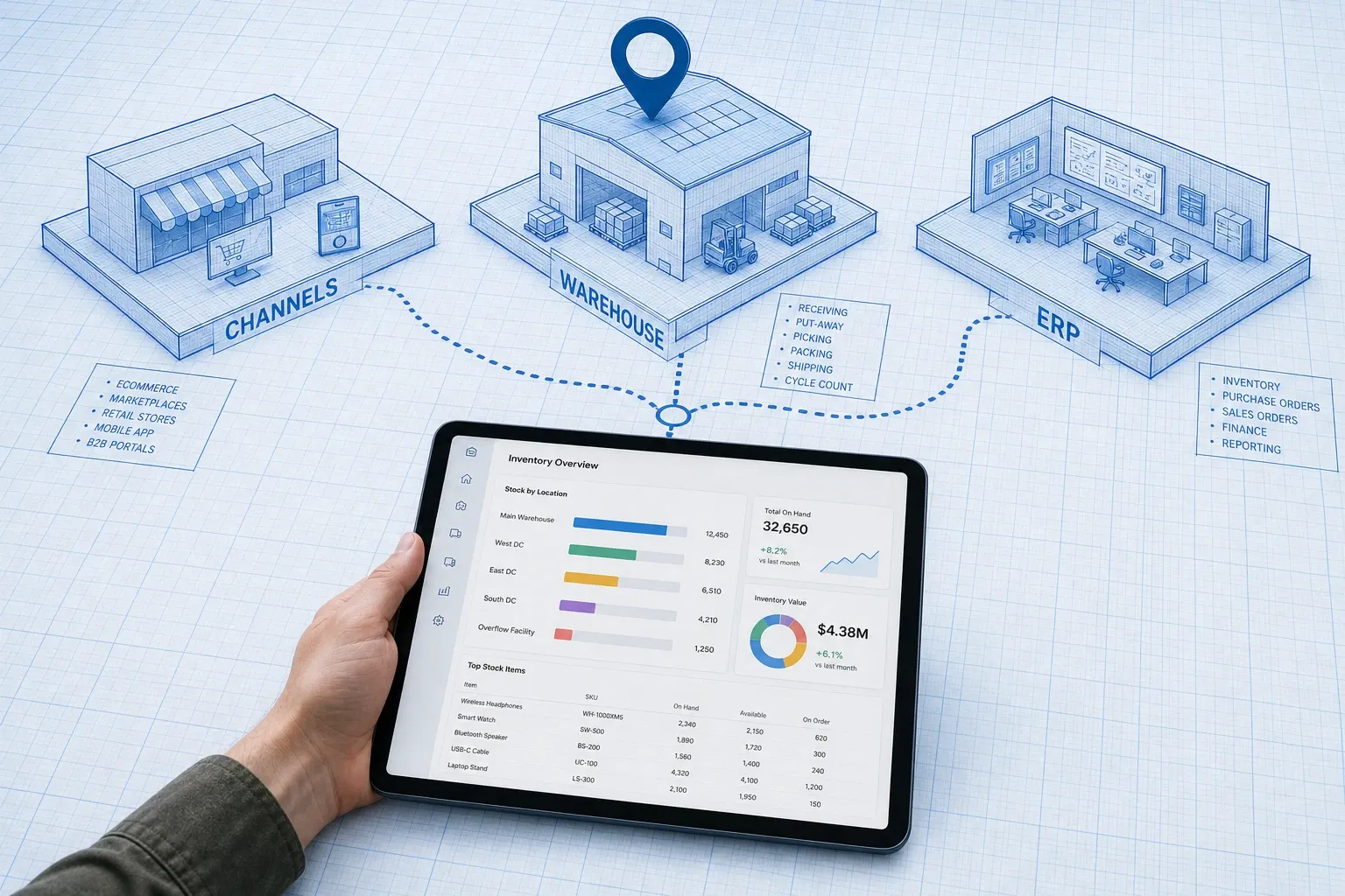 Split blueprint comparison of inventory software categories with a photoreal tablet showing live stock levels and a cyan focus ring on the mid-market option