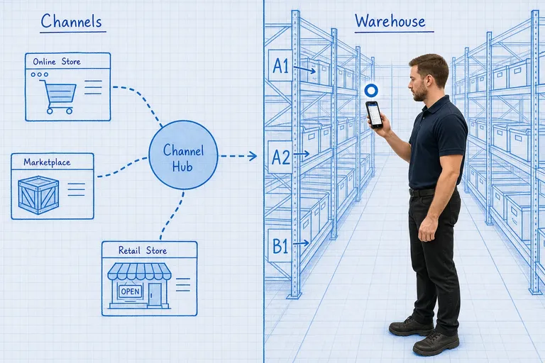 Split comparison showing a multichannel inventory network diagram on the left and a blueprint warehouse floor plan with mobile device on the right
