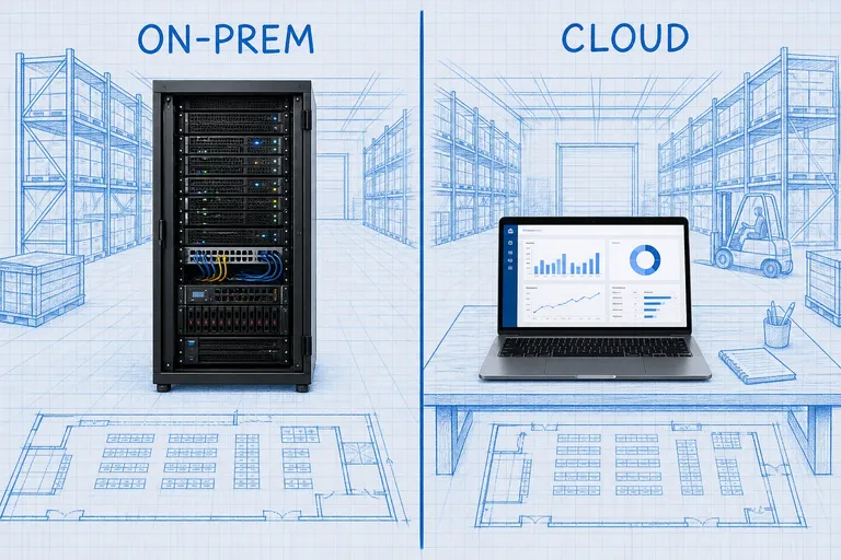 Split-panel Blueprint Reality scene comparing on-premise servers on the left with a cloud WMS laptop dashboard on the right, blue ink warehouse grid background