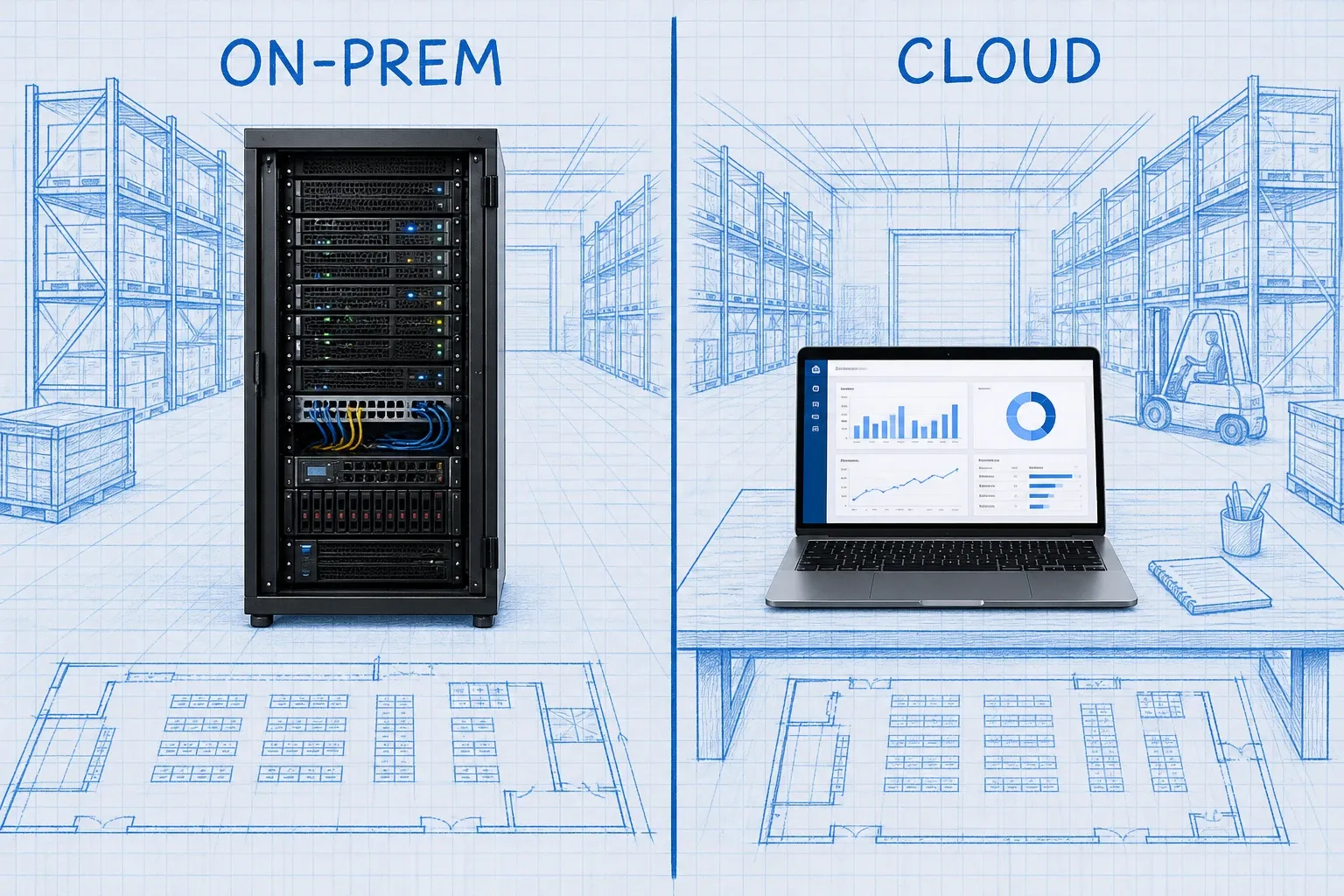 Split-panel Blueprint Reality scene comparing on-premise servers on the left with a cloud WMS laptop dashboard on the right, blue ink warehouse grid background