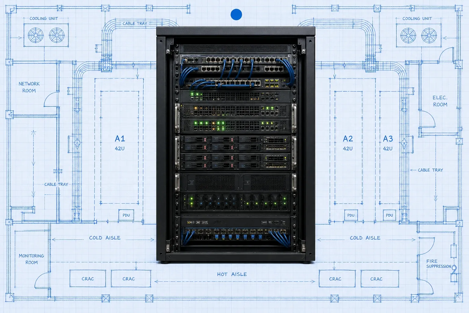 Photoreal server rack standing on a blue ink blueprint of a network room floor plan with labeled racks A1 to A3