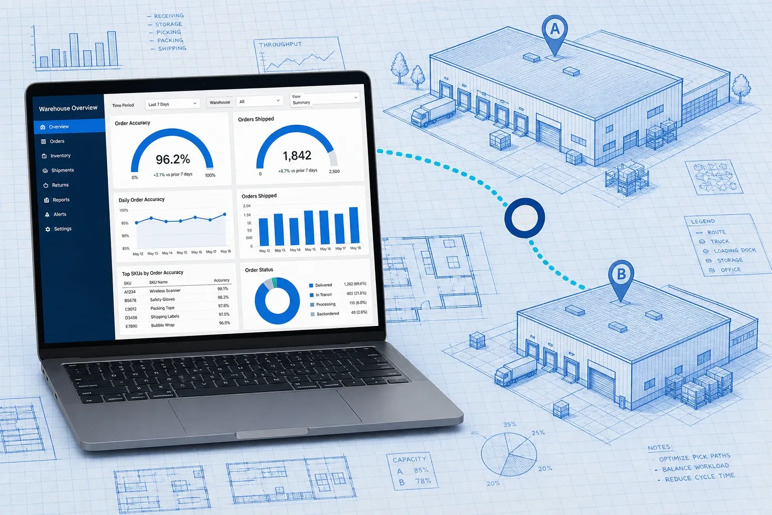 Open laptop showing a warehouse KPI dashboard on a blueprint map of two warehouse sites linked by a dotted route