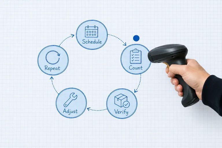 Circular process flow diagram on blueprint paper showing the five stages of cycle counting with a photoreal handheld scanner at the count stage