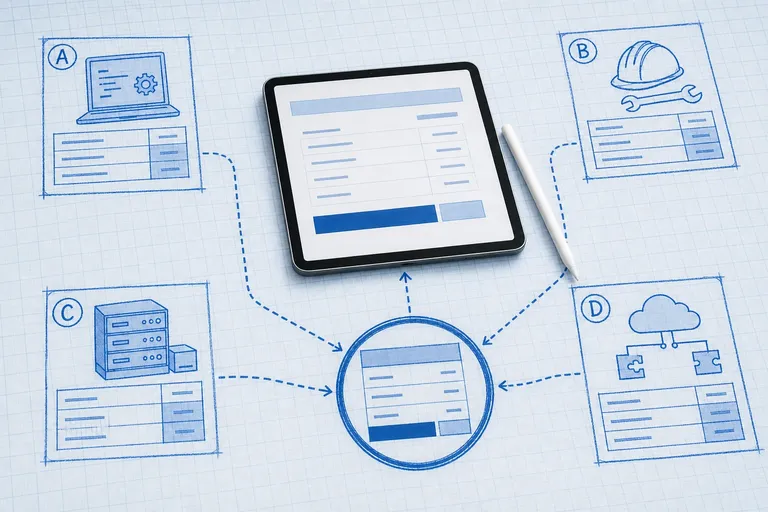 Blueprint cost-stack diagram linking software, implementation, hardware, and integration nodes to a photoreal tablet showing a year-one warehouse budget