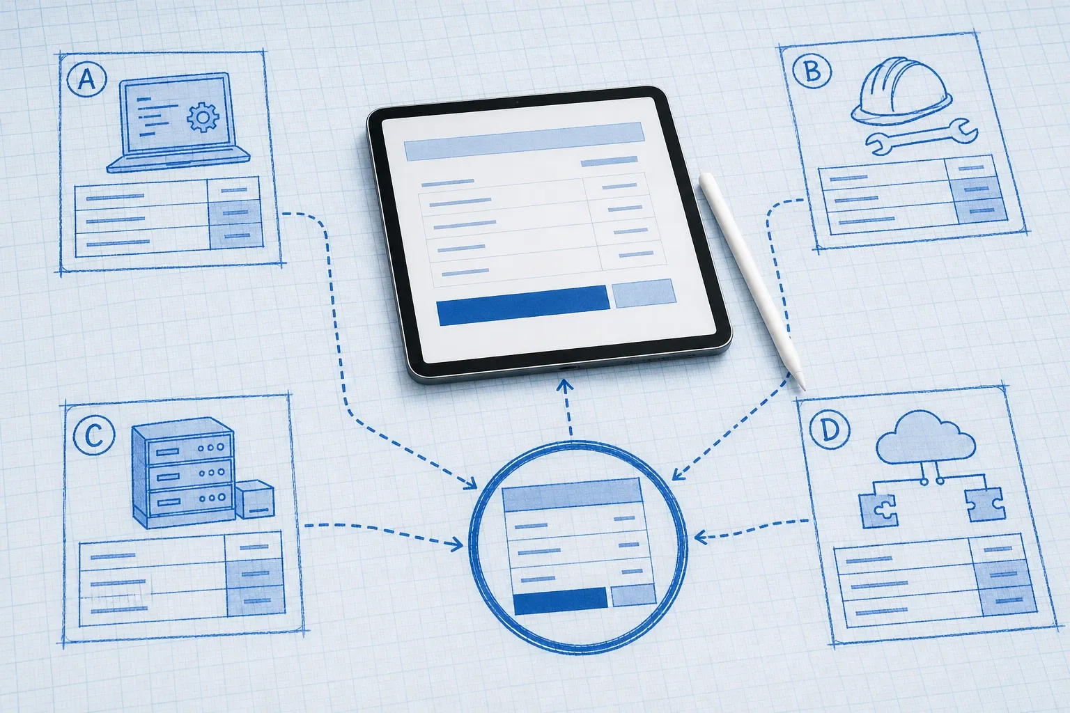 Blueprint cost-stack diagram linking software, implementation, hardware, and integration nodes to a photoreal tablet showing a year-one warehouse budget