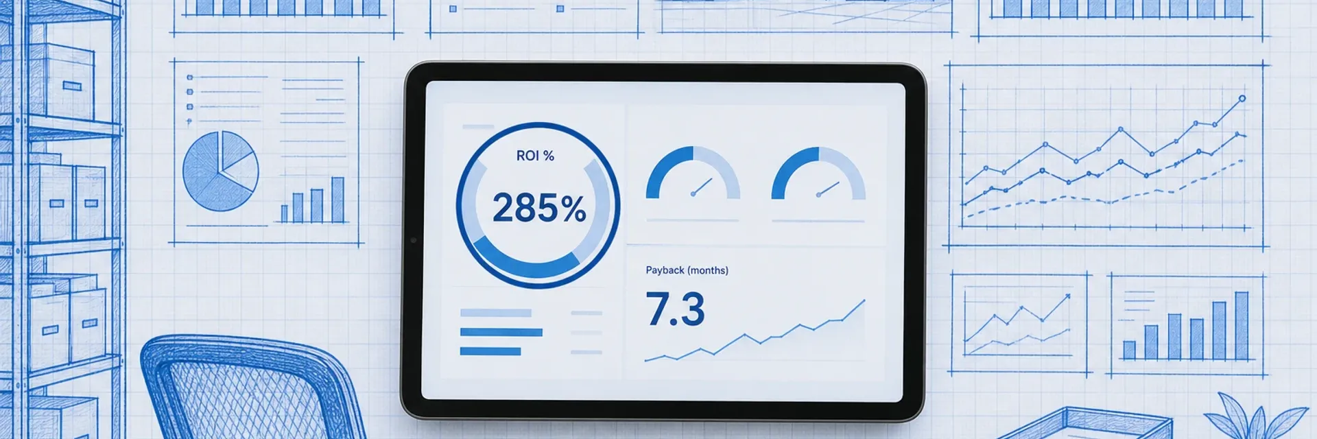 Photoreal tablet showing ROI gauges and payback metrics floating over a blue blueprint operations office with charts and cyan focus ring