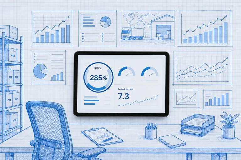 Photoreal tablet showing ROI gauges and payback metrics floating over a blue blueprint operations office with charts and cyan focus ring
