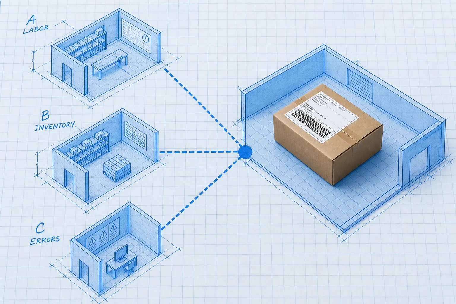 Blueprint dashboard illustrating labor, inventory, and error savings flowing into a WMS ROI total