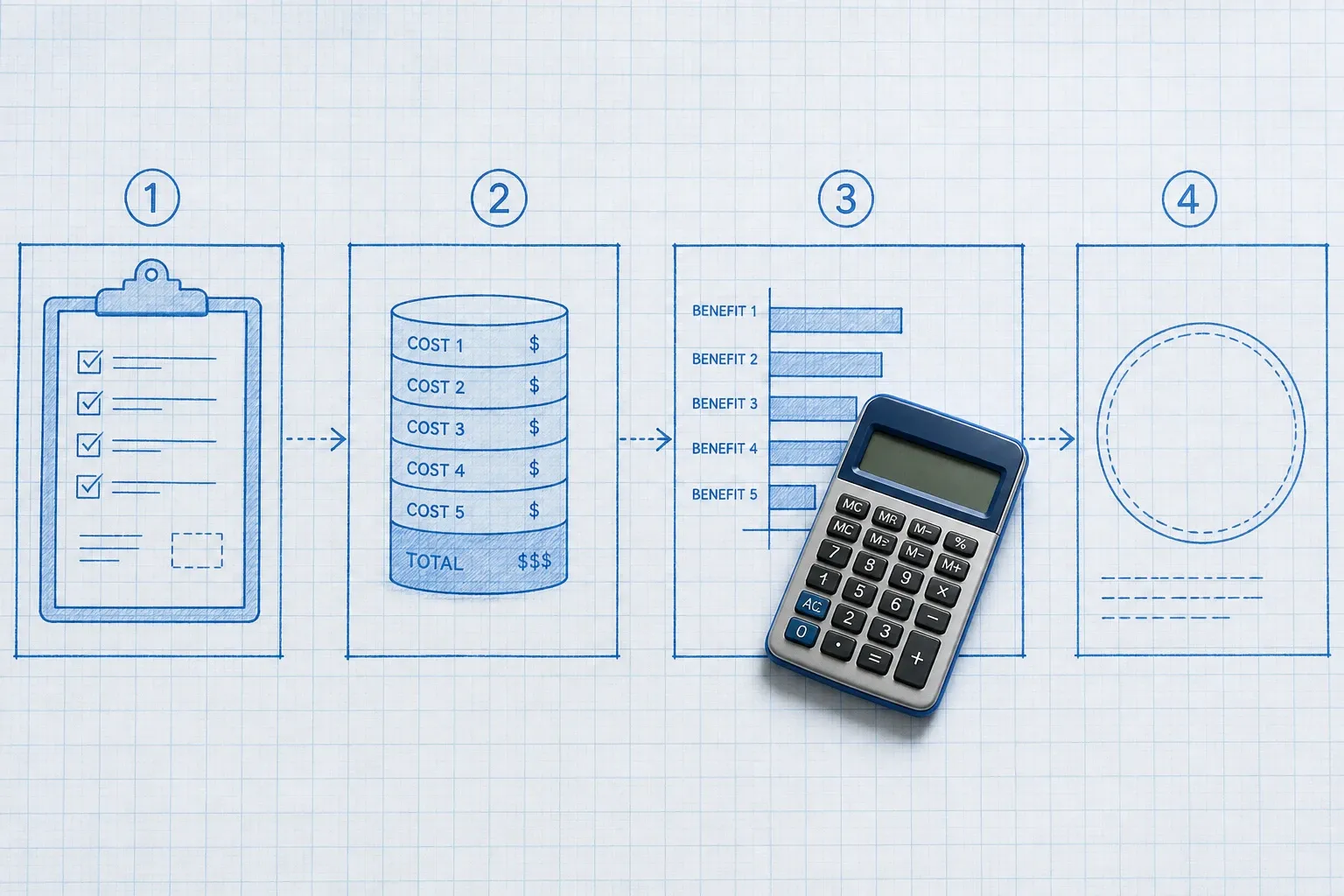 Left-to-right blueprint process of baseline costs, benefit categories, ROI formula, and finance review