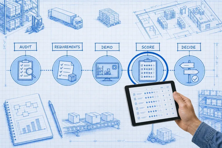 Blueprint process sequence of WMS selection stages with a photoreal hand holding a tablet at the scoring step and a cyan focus ring