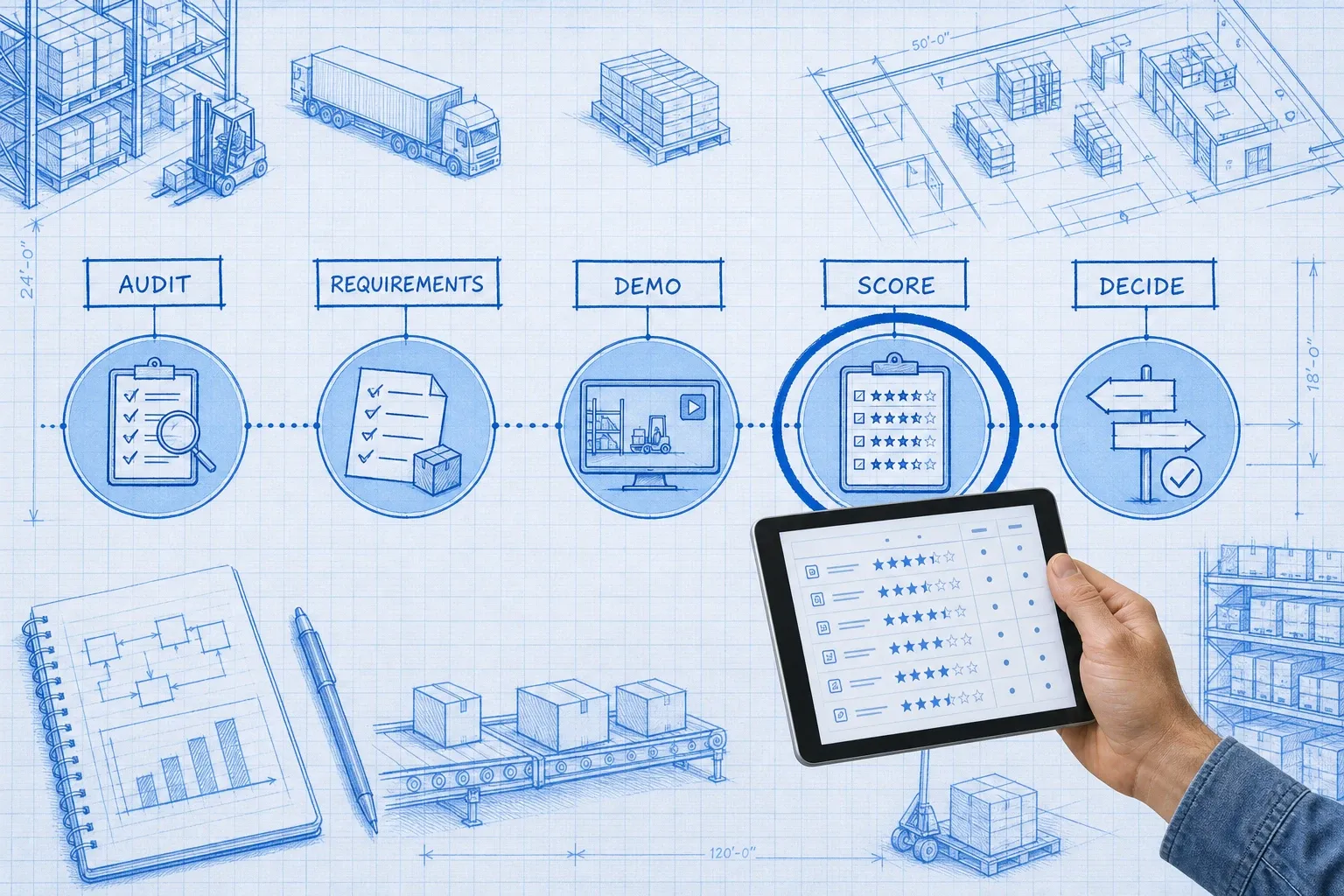Blueprint process sequence of WMS selection stages with a photoreal hand holding a tablet at the scoring step and a cyan focus ring