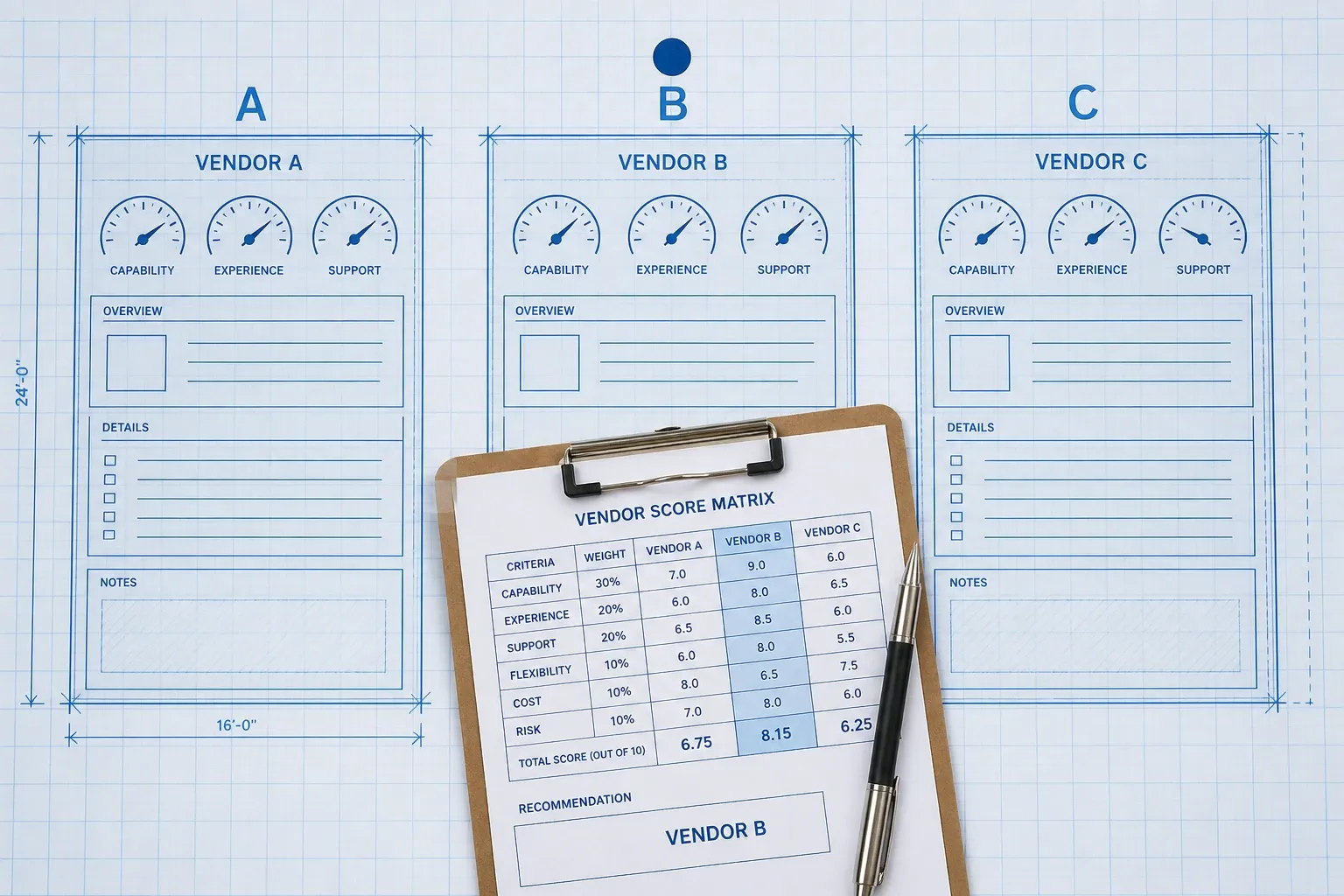 Isometric blueprint scorecard comparing three shortlisted WMS vendors with a photoreal clipboard and cyan accent on the top-scoring option