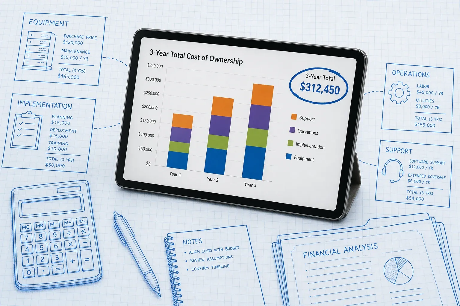 Photoreal tablet showing a three-year WMS total cost of ownership chart on a blueprint finance desk with cyan focus ring on the TCO total