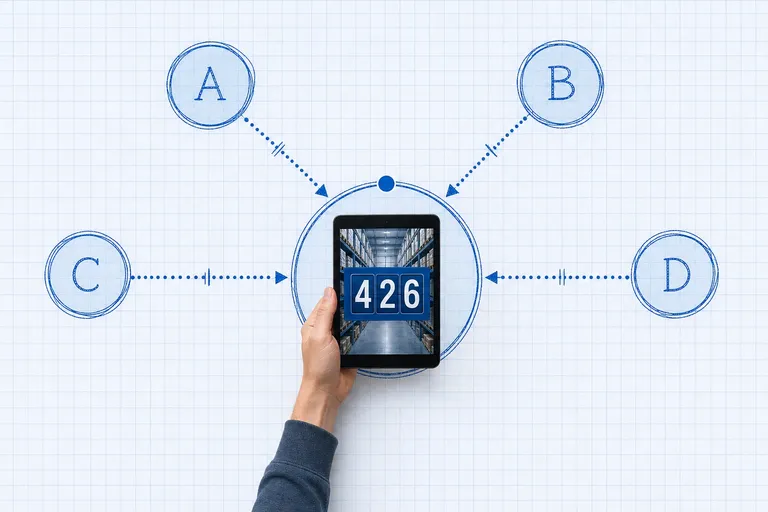 Blueprint system data-flow diagram showing a central inventory hub connected to Shopify, Amazon, and eBay nodes via dotted sync lines, with a photoreal hand holding a tablet at the center node