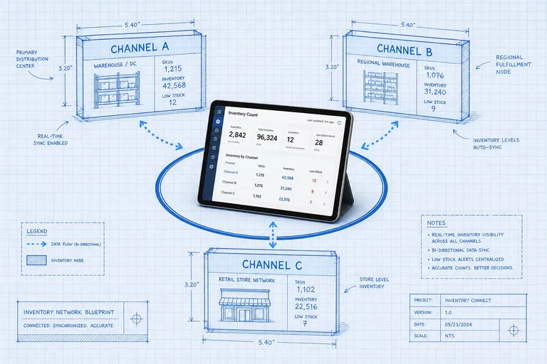 Isometric system diagram showing a central inventory hub tablet connected to multiple channel nodes by dotted data flow lines, rendered in Blueprint Reality style