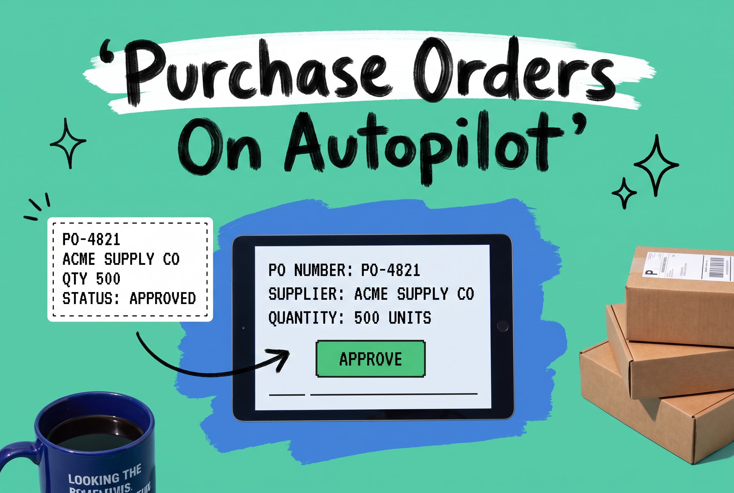 Tablet showing a purchase order approval screen with APPROVE button, PO number and supplier details, next to a matching order summary card and a stack of shipping boxes on teal background