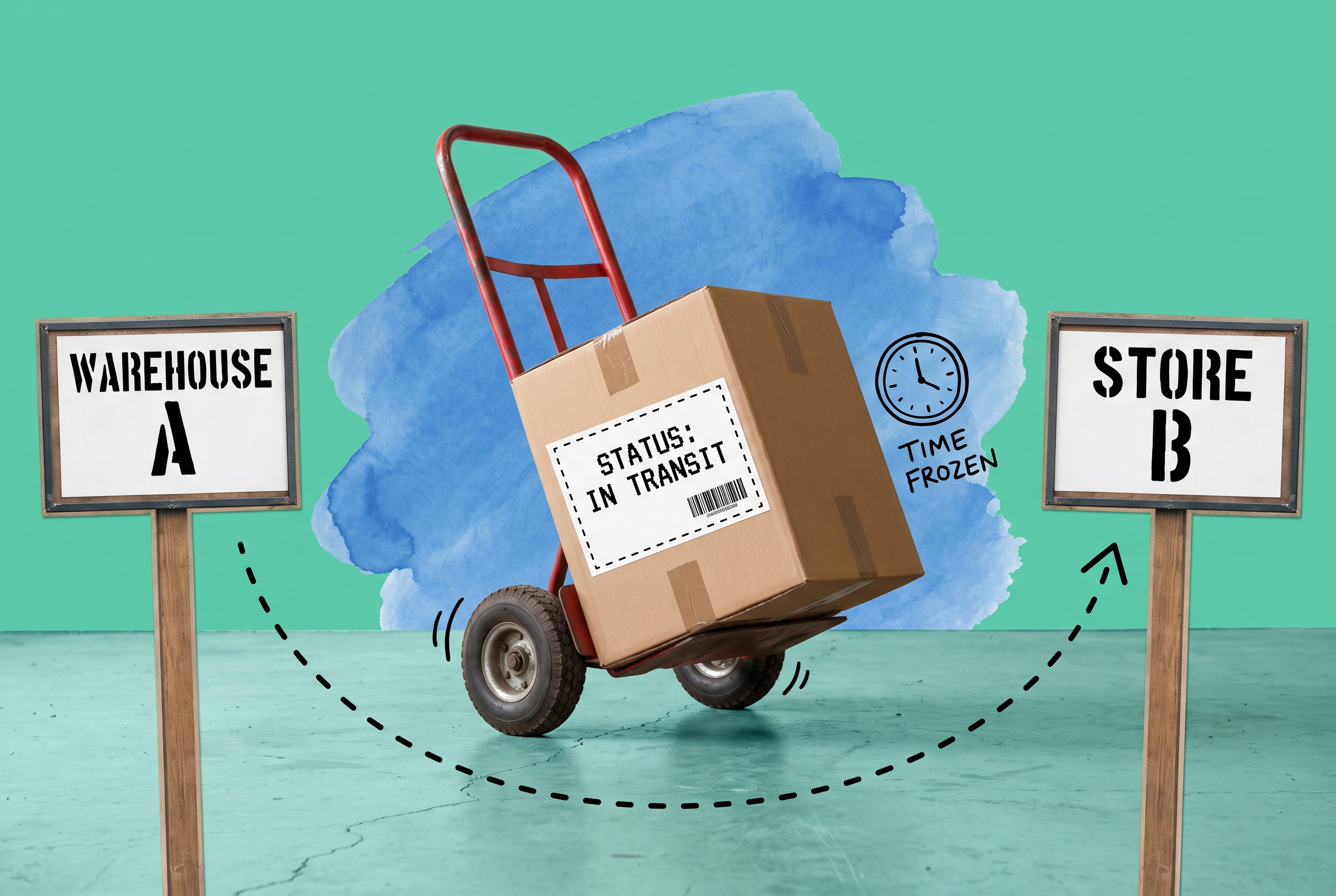 In-transit inventory shown as a single boxed product on a hand truck positioned between a Warehouse A floor sign and a Store B floor sign, illustrating a stock transfer state that must not be double-counted