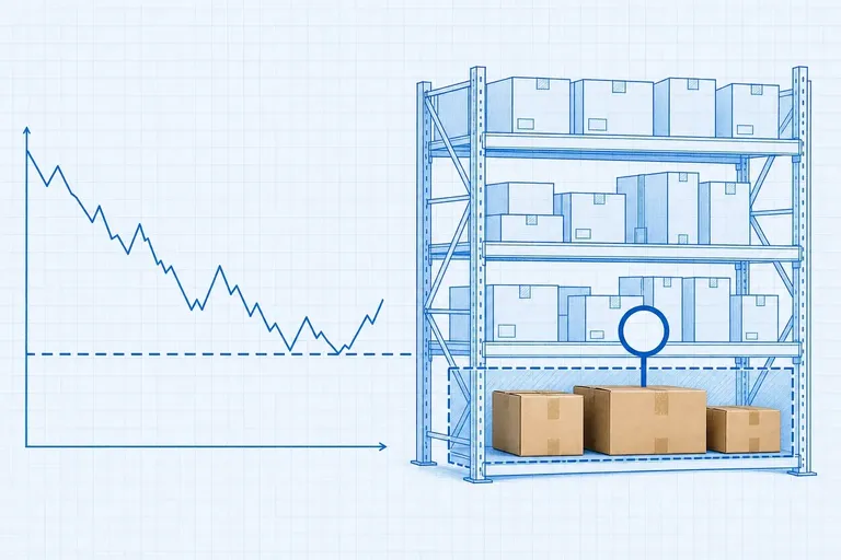 Blueprint stock-level line chart on the left descending and bouncing off a dashed cyan safety-stock floor line, beside a blueprint storage shelf whose dashed lower reserve band holds real cardboard boxes flagged by a cyan ring marker, on pale-blue grid paper