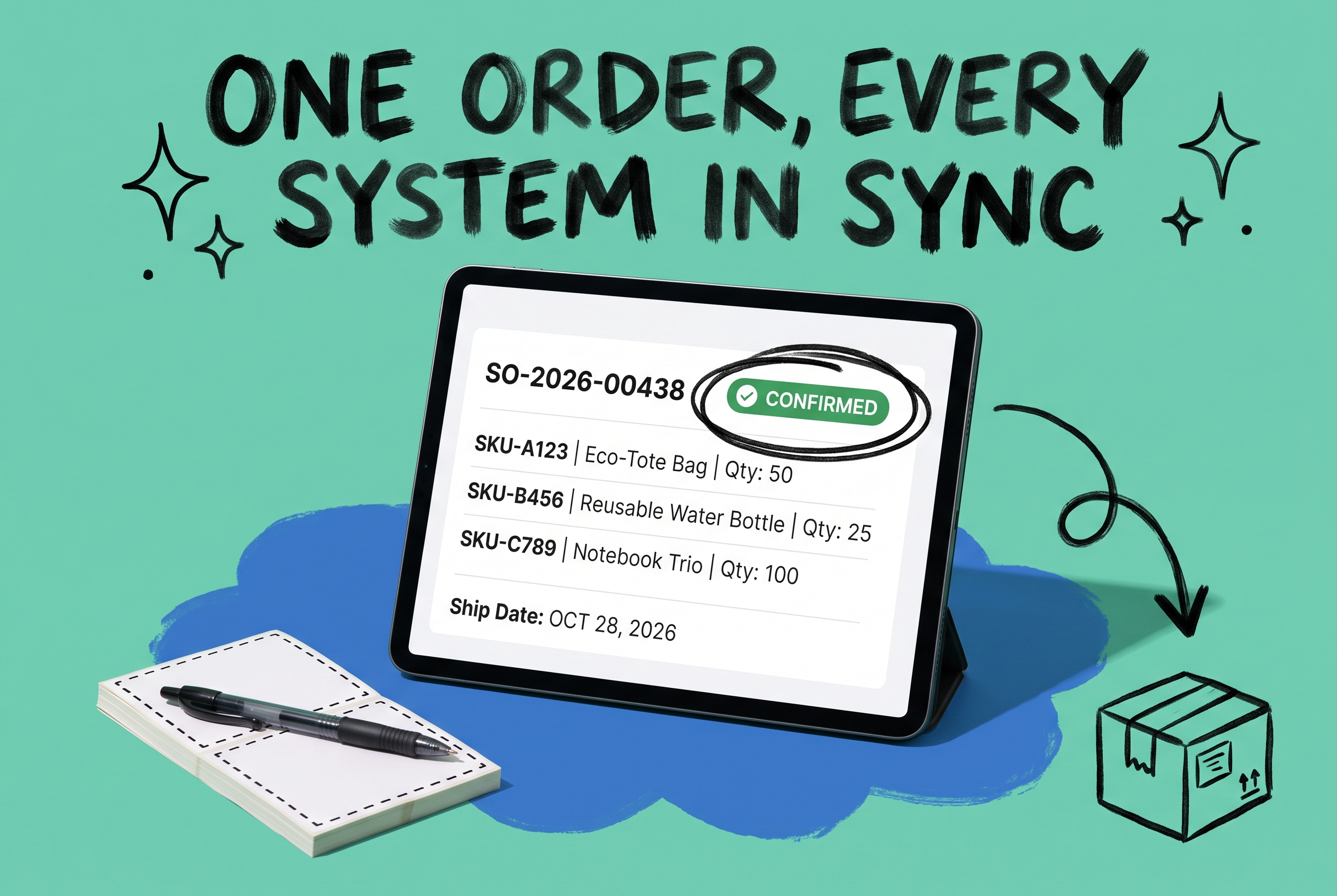 Tablet showing a confirmed sales order SO-2026-00438 with line items and ship date, shipping labels and a shipping box icon nearby on teal background