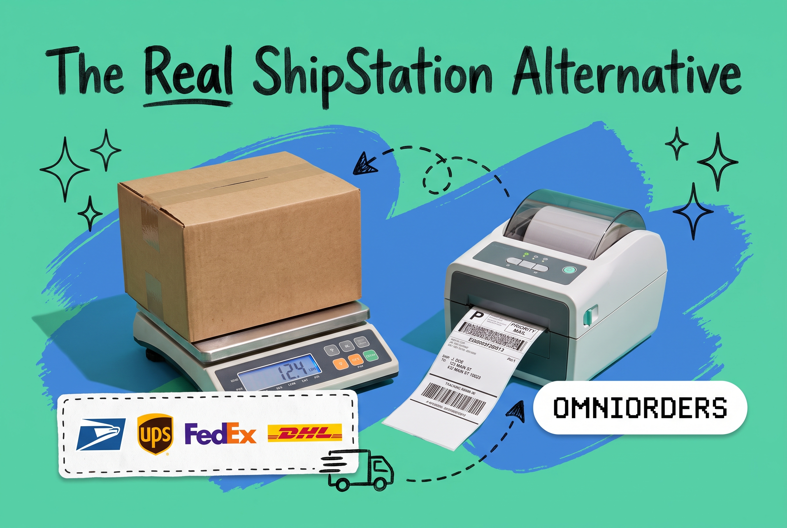 Comparison of ShipStation alternatives: shipping box on a scale beside a thermal label printer, with USPS, UPS, FedEx, and DHL carrier logos and an OmniOrders card on a teal background