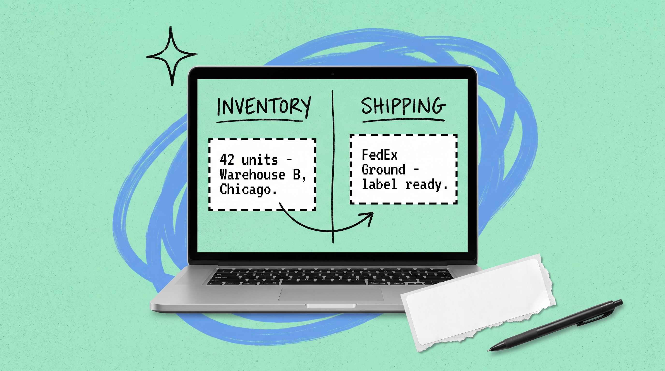 Laptop screen split into inventory and shipping panels, showing 42 units at Warehouse B Chicago on the left and FedEx Ground label ready on the right, illustrating one shared data set