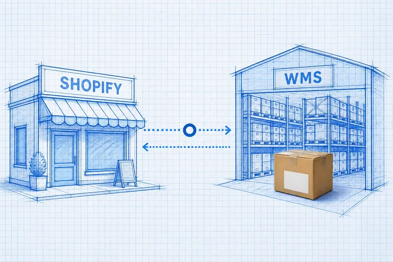Blueprint diagram connecting a Shopify storefront node to a WMS warehouse node with dotted data-flow lines and a photoreal package at the warehouse end