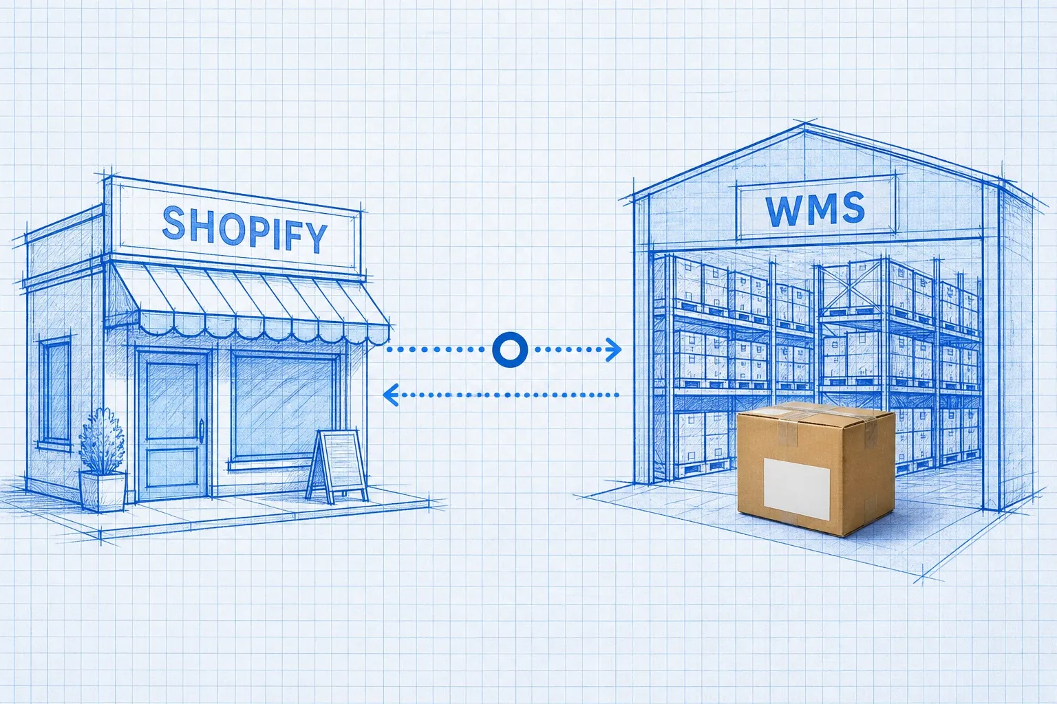 Blueprint diagram connecting a Shopify storefront node to a WMS warehouse node with dotted data-flow lines and a photoreal package at the warehouse end