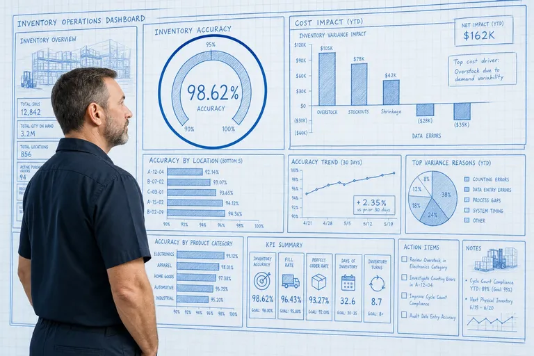 Blueprint warehouse operations dashboard showing inventory accuracy percentage gauge dropping from 99 percent to 65 percent with rising cost indicators and a cyan focus ring