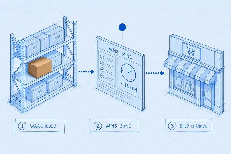 Blueprint process flow diagram showing inventory moving from a warehouse bin through a sync layer to a TikTok Shop order stream, with a photoreal cardboard box at the handoff point