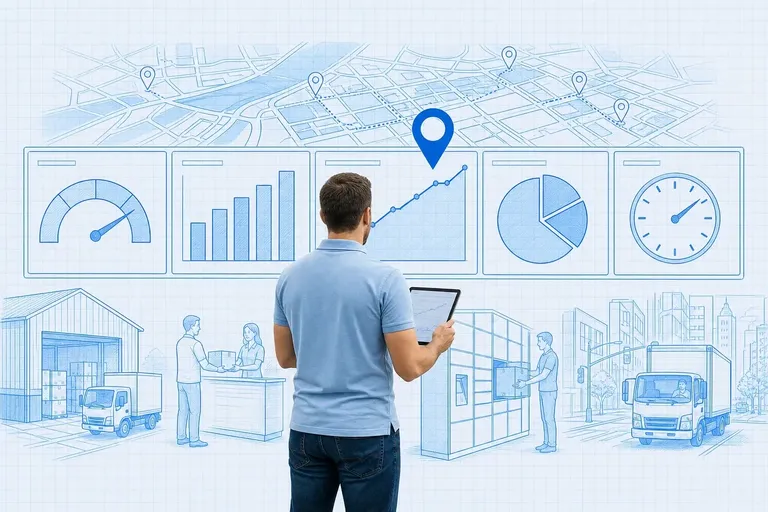 Operations manager with a tablet facing a blueprint dashboard wall of five metric tiles — a gauge, bar chart, rising line chart marked by a cyan pin, pie chart, and clock — over a blueprint city map with warehouse, dock, and delivery-truck scenes below