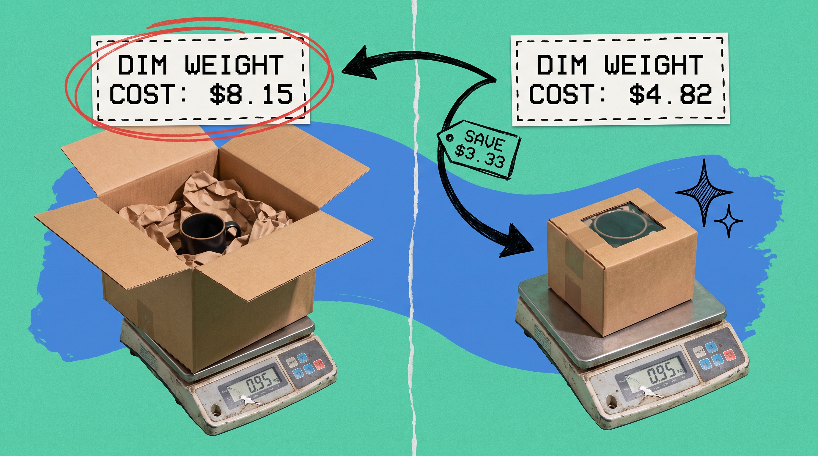 Dimensional weight cost comparison, an oversized box costing $8.15 to ship a mug versus a right-sized box for the same mug costing $4.82, saving $3.33
