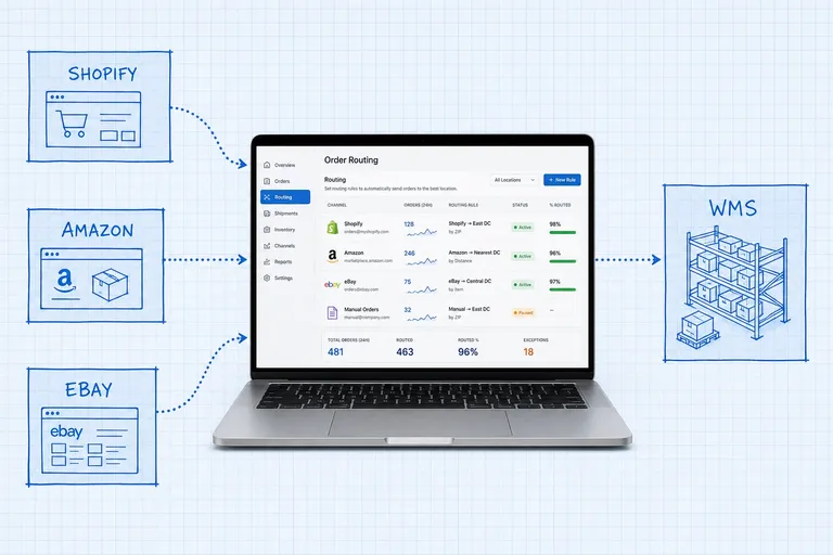 Blueprint system diagram showing sales channel nodes connecting through an OMS hub to a WMS warehouse floor plan, with blue dotted data flow lines on pale grid paper