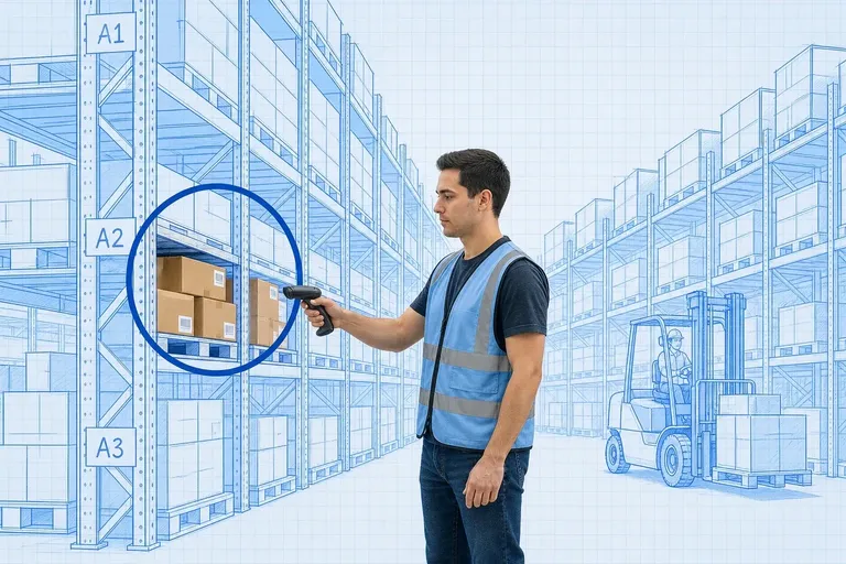 Warehouse operator in a safety vest scanning cardboard boxes in one shelf bay circled by a cyan ring marker, inside blueprint racking labeled A1, A2, A3 with a blueprint forklift in the distance on pale-blue grid paper