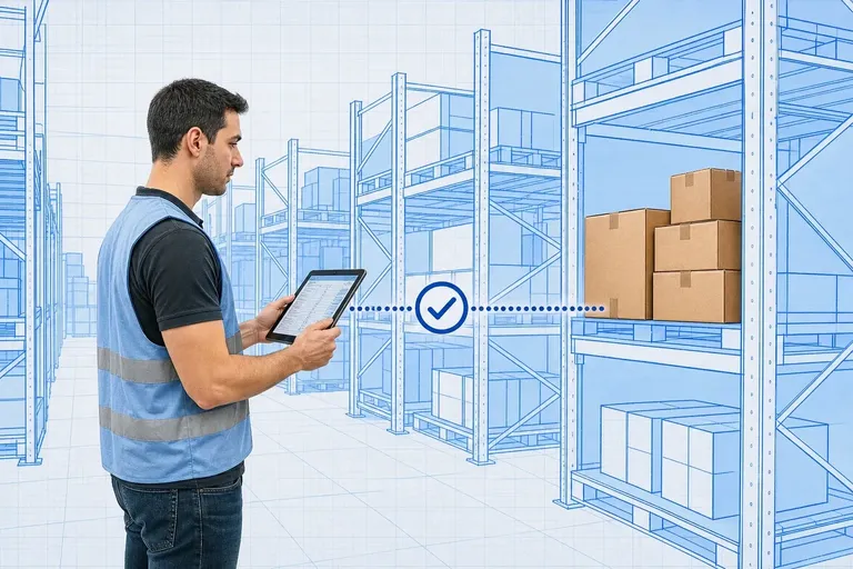 Warehouse operator holding a tablet on the left linked by a dotted connector with a cyan check-mark ring to a blueprint shelf bay of real cardboard boxes on the right, signaling system records match physical stock, in a blueprint warehouse on pale-blue grid paper