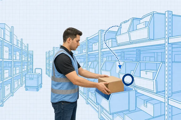 Warehouse operator in a safety vest placing a real cardboard box into an easy-to-reach waist-height front bin of a blueprint shelf, with a dotted blue arrow curving down from a high back bin and a cyan ring marking the golden-zone bin, on pale-blue grid paper