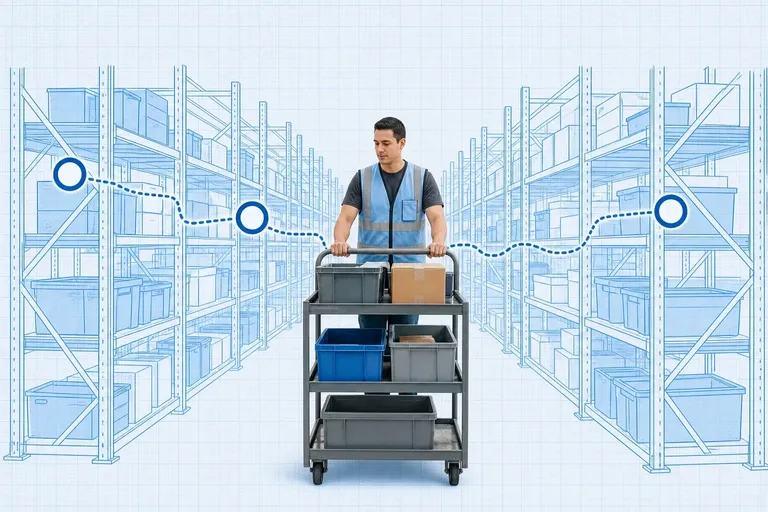 Order picker in a safety vest pushing a pick cart loaded with totes down a blueprint warehouse aisle, with a dotted blue route threading through several shelf bays tagged by three cyan ring markers as one grouped picking wave, on pale-blue grid paper