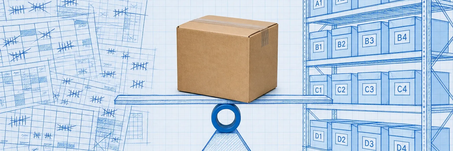 Photoreal cardboard shipping package balanced on a blueprint fulcrum between a messy spreadsheet grid and neat numbered bin locations, with a cyan focus ring at the tipping point