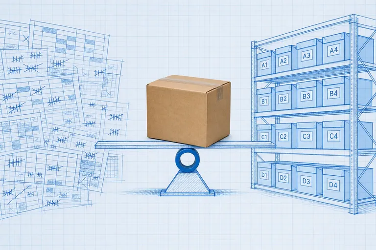 Photoreal cardboard shipping package balanced on a blueprint fulcrum between a messy spreadsheet grid and neat numbered bin locations, with a cyan focus ring at the tipping point