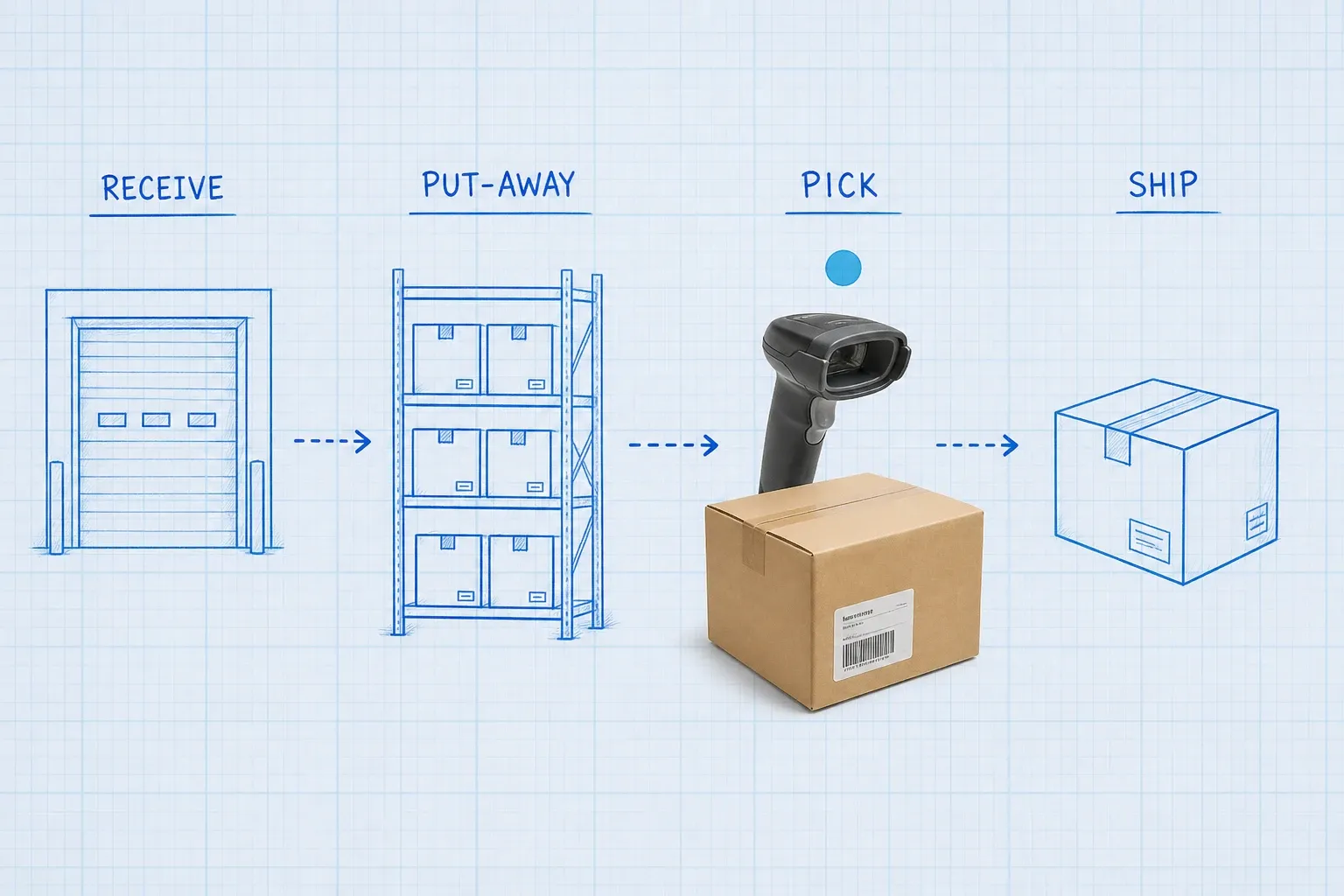 Blueprint process strip showing receive, put-away, pick, and ship stages with a photoreal handheld barcode scanner at the pick stage