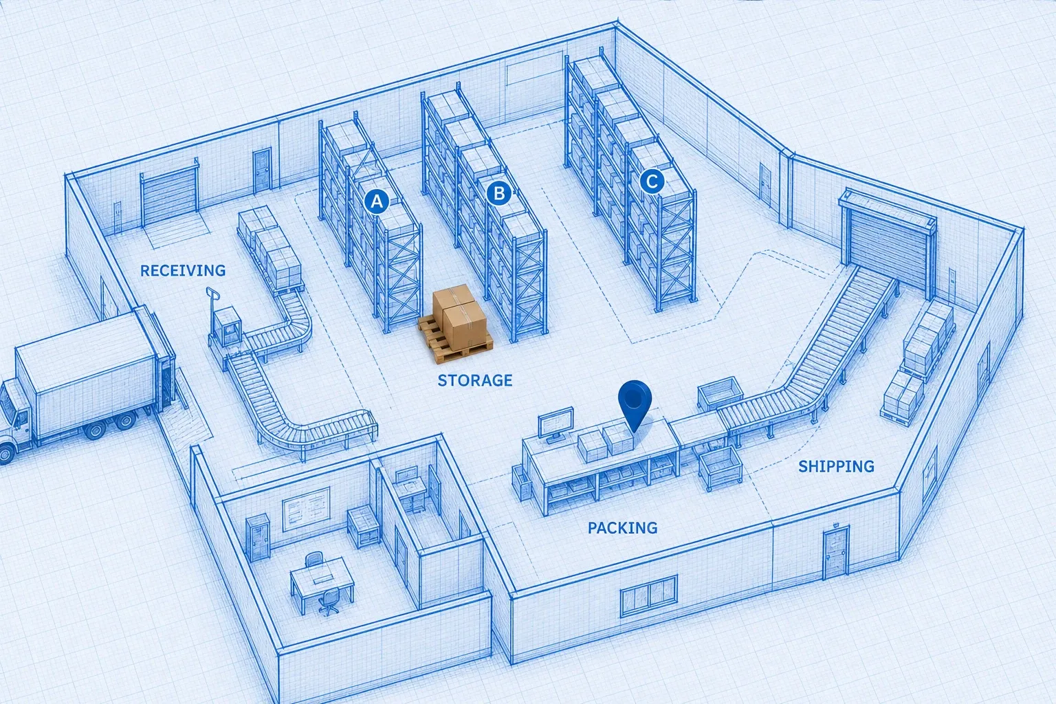Isometric blueprint of a compact small-business warehouse with labeled receiving, storage, packing, and shipping zones and one photoreal pallet for scale