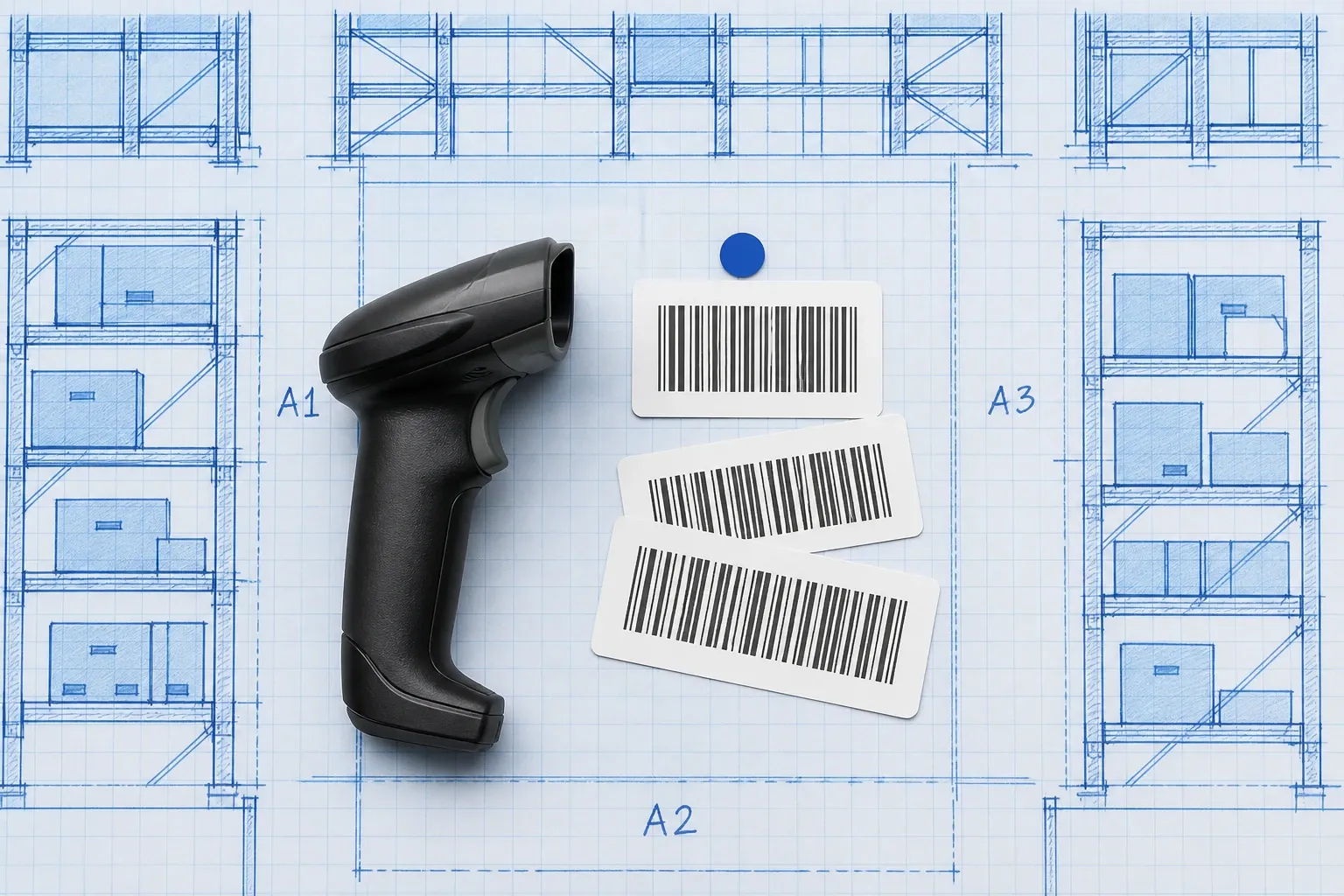 Close-up of photoreal barcode labels and a handheld scanner on a blueprint warehouse location grid