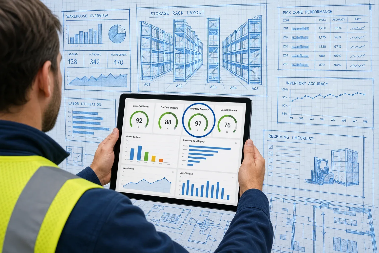 Photoreal tablet showing warehouse KPI gauges on a blueprint operations dashboard with a cyan focus ring on inventory accuracy