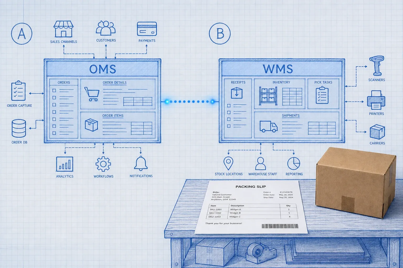 Blueprint system diagram showing an OMS node connected by a dotted data line to a WMS node, with a photoreal packing slip at the warehouse handoff point