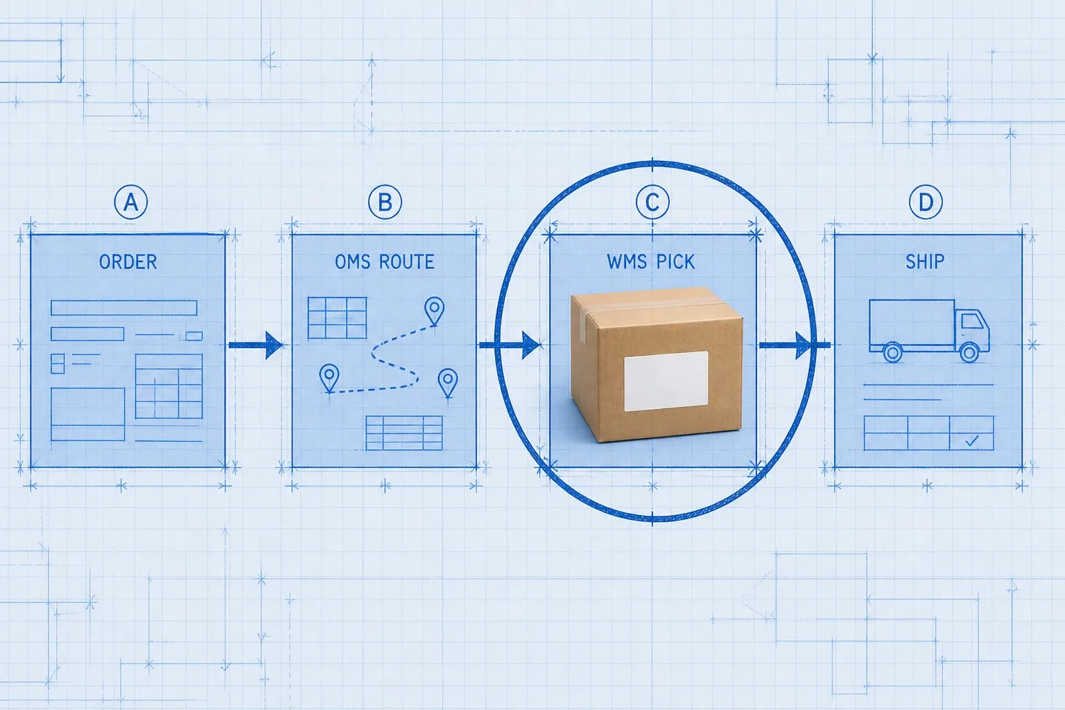 Blueprint process flow of an ecommerce order moving from OMS routing into WMS pick pack ship with a photoreal cardboard package at the active stage