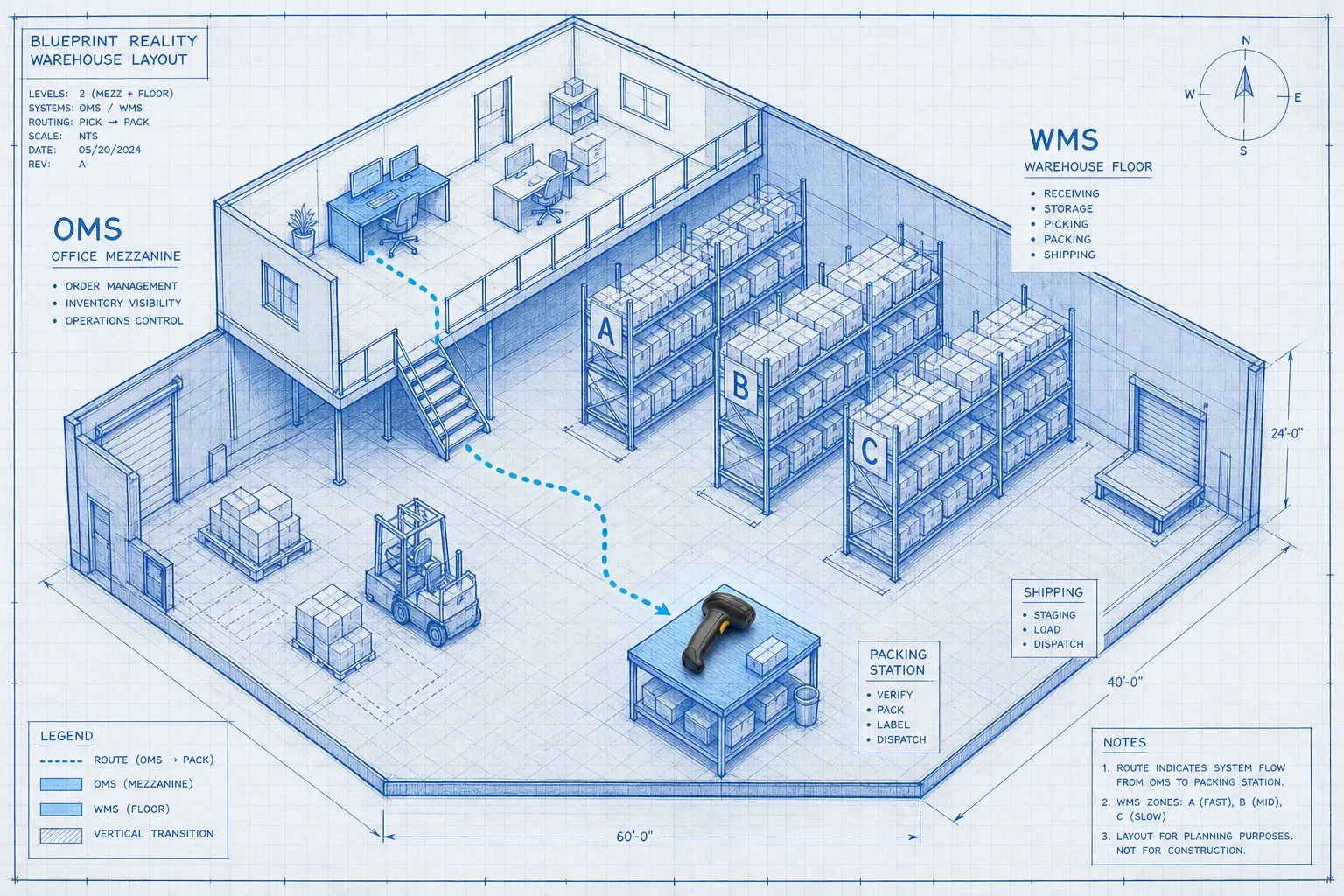 Isometric blueprint warehouse cutaway with labeled OMS and WMS zones and a photoreal handheld scanner resting on a packing station